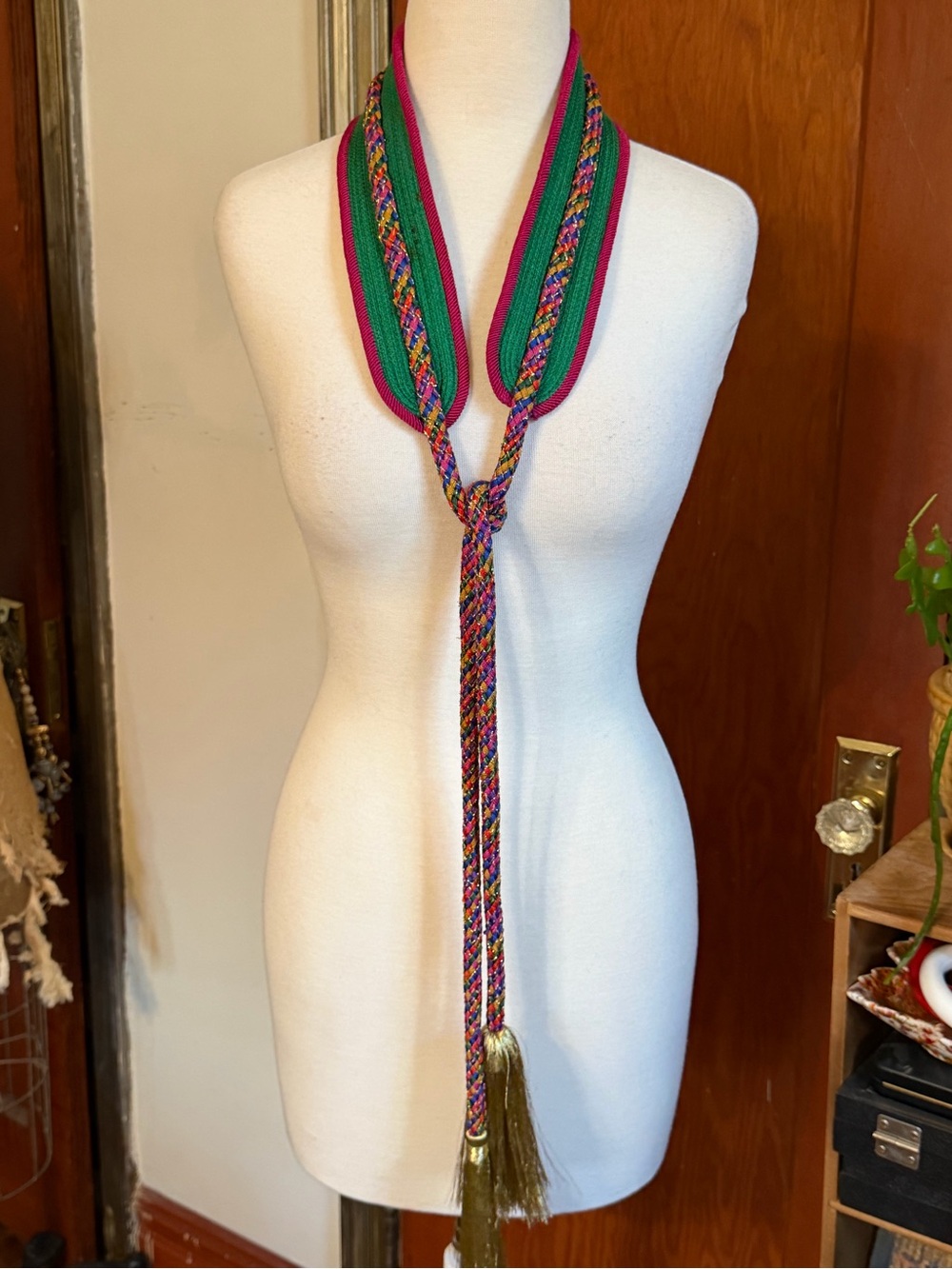 Vintage Fabric Multicolor Belt With Gold Tassels Size Large (L) Length 58” - Picture 6 of 16